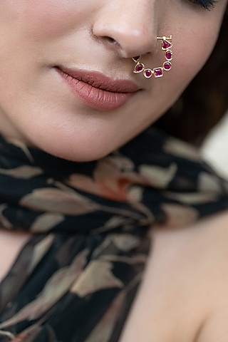 Gold Plated Kundan Polki & Pink Garnet Stone Nose Pin by Do Taara