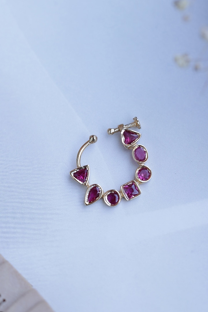 Gold Plated Kundan Polki & Pink Garnet Stone Nose Pin by Do Taara at Pernia's Pop Up Shop