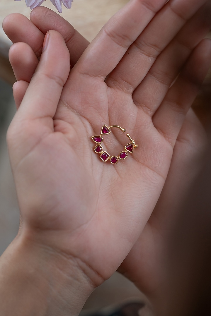 Gold Plated Kundan Polki & Pink Garnet Stone Nose Pin by Do Taara at Pernia's Pop Up Shop