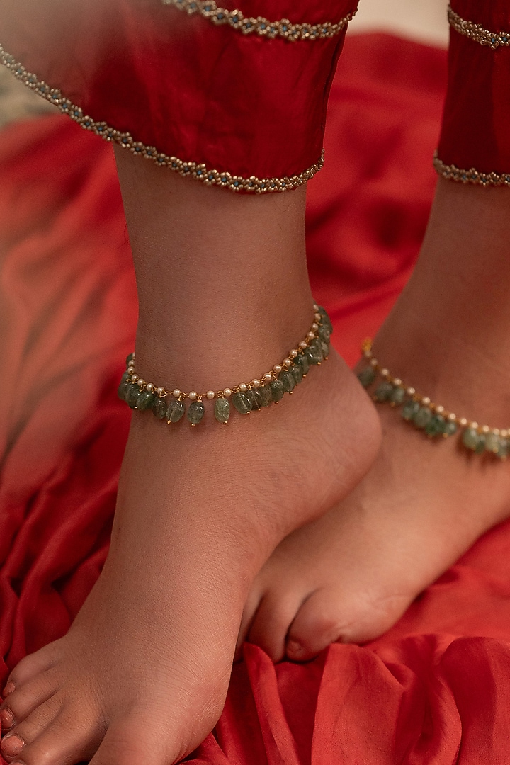Gold Plated Fluorite Stone & Pearl Anklets (Set Of 2) by Do Taara at Pernia's Pop Up Shop