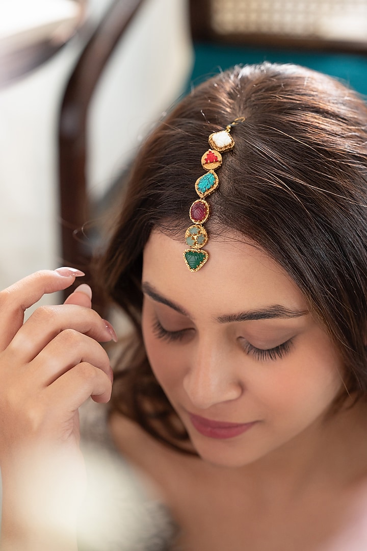 Gold Plated Multi-Colored Semi-Precious Stone Maangtikka by Do Taara at Pernia's Pop Up Shop