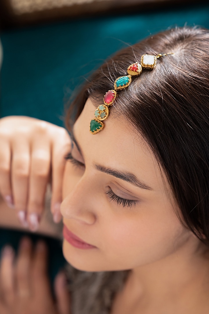 Gold Plated Multi-Colored Semi-Precious Stone Maangtikka by Do Taara at Pernia's Pop Up Shop