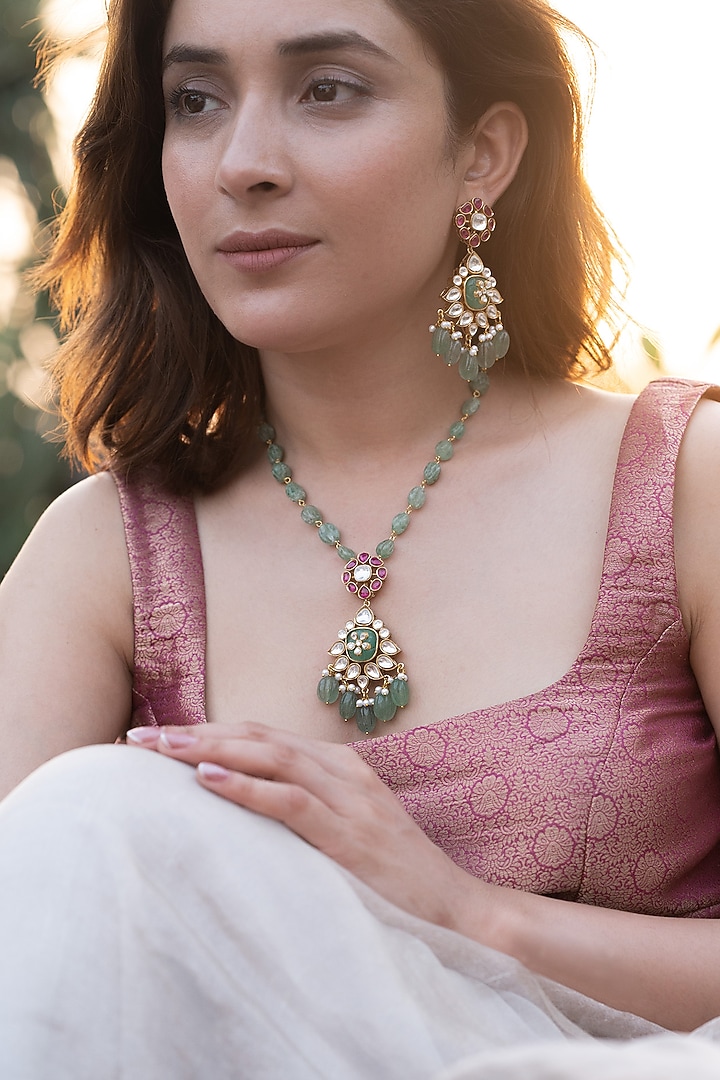 Gold Plated Kundan Polki & Mint Fluorite Gemstone Necklace by Do Taara at Pernia's Pop Up Shop