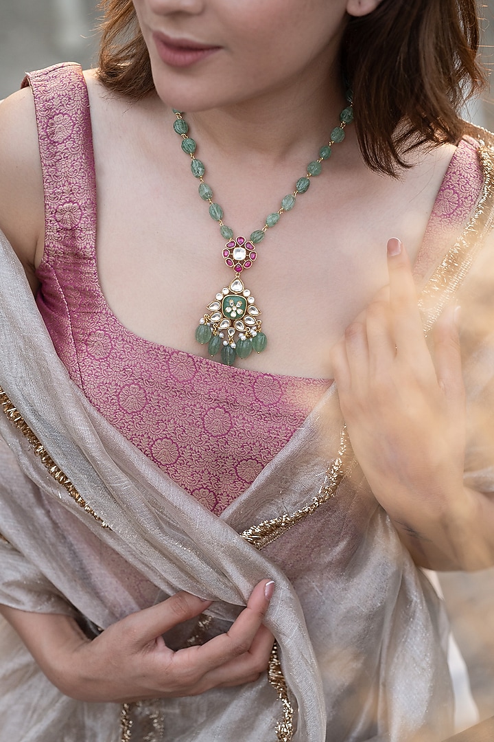 Gold Plated Kundan Polki & Mint Fluorite Gemstone Necklace by Do Taara at Pernia's Pop Up Shop