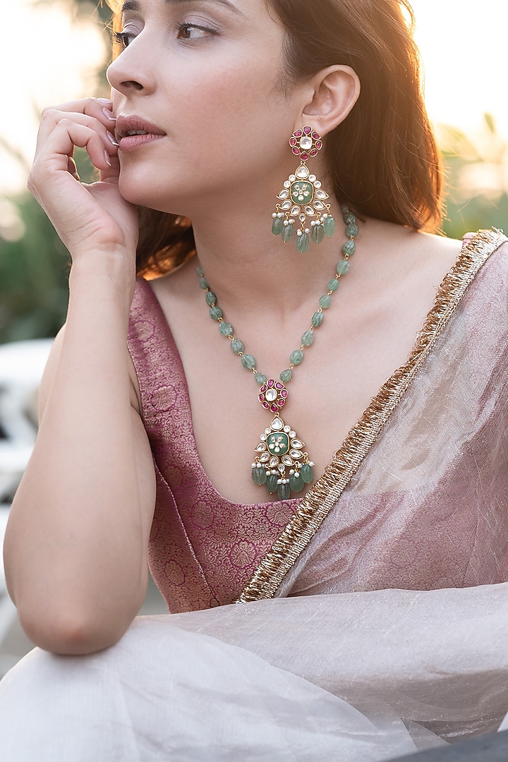 Gold Plated Kundan Polki & Mint Fluorite Gemstone Necklace by Do Taara at Pernia's Pop Up Shop