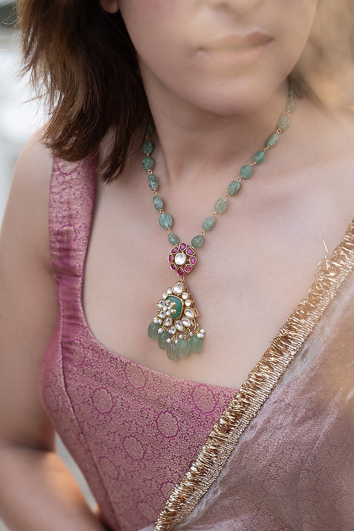 Gold Plated Kundan Polki & Mint Fluorite Gemstone Necklace by Do Taara at Pernia's Pop Up Shop
