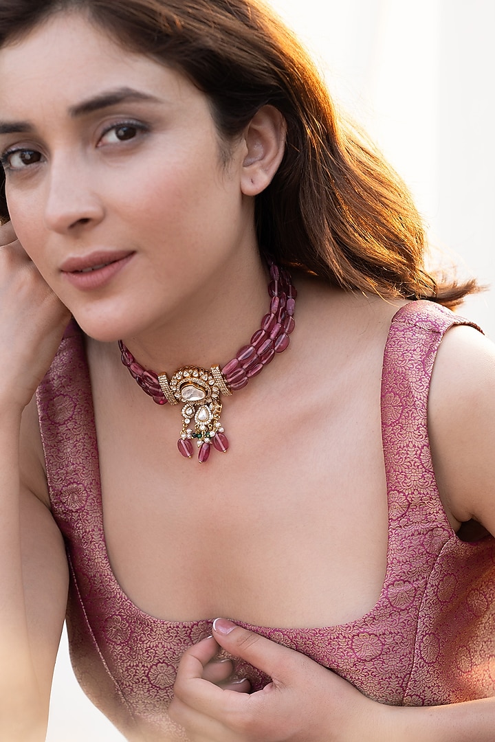 Gold Plated Pink Kundan Polki & Natural Stone Necklace by Do Taara at Pernia's Pop Up Shop