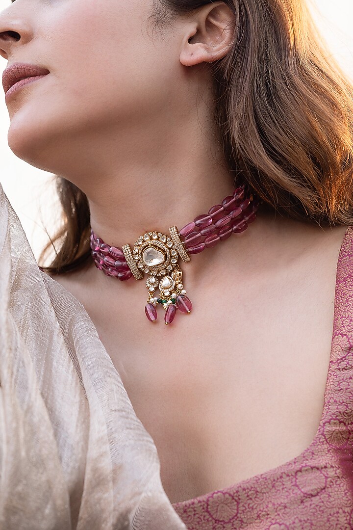 Gold Plated Pink Kundan Polki & Natural Stone Necklace by Do Taara at Pernia's Pop Up Shop
