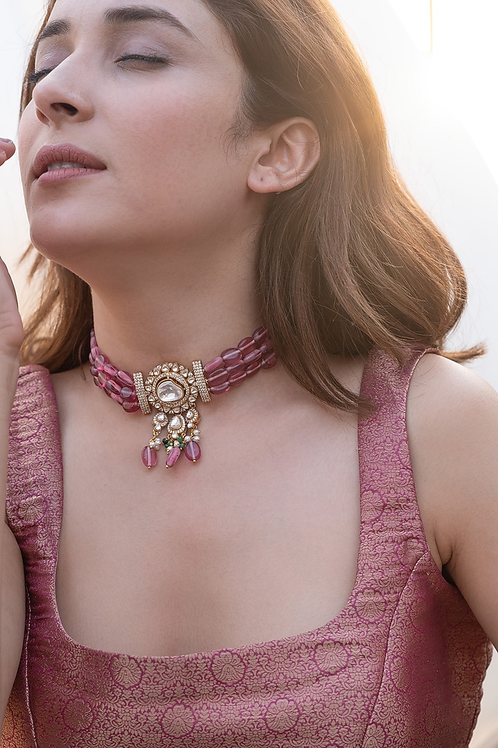 Gold Plated Pink Kundan Polki & Natural Stone Necklace by Do Taara at Pernia's Pop Up Shop