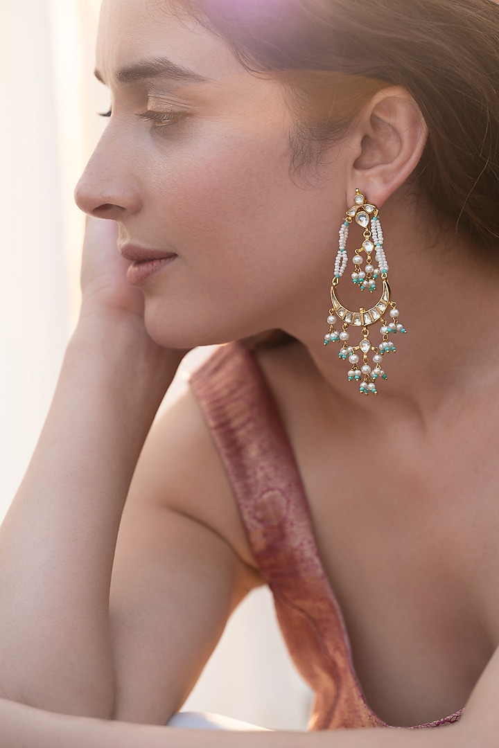 Gold Plated Kundan Polki & Pearl Chandbali Earrings by Do Taara at Pernia's Pop Up Shop