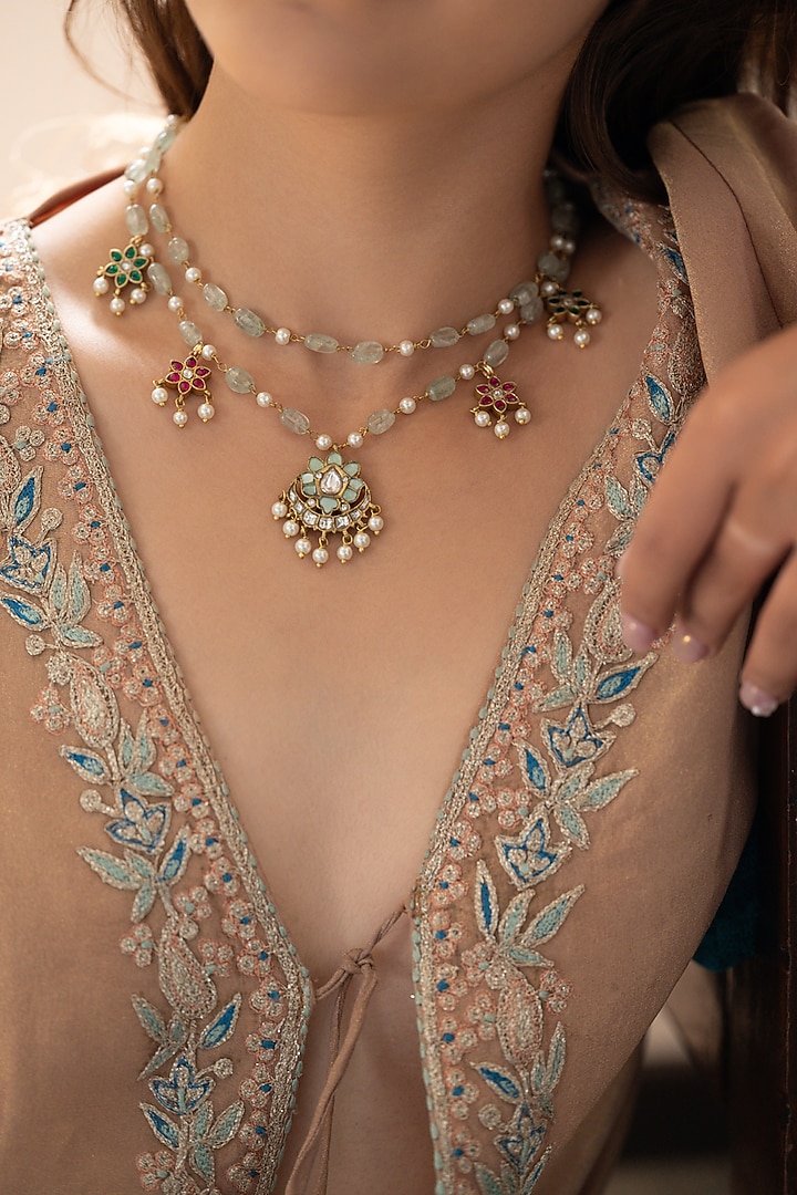 Gold Plated Floral-Cut Mint Kundan Polki & Garnet Stone Necklace Set by Do Taara at Pernia's Pop Up Shop