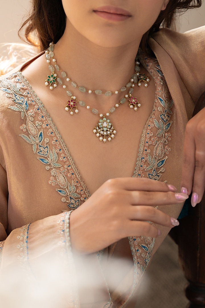 Gold Plated Floral-Cut Mint Kundan Polki & Garnet Stone Necklace Set by Do Taara at Pernia's Pop Up Shop