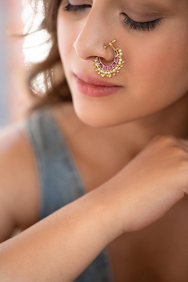 Gold Plated Red Kundan Polki & Pearl Nose Pin by Do Taara at Pernia's Pop Up Shop