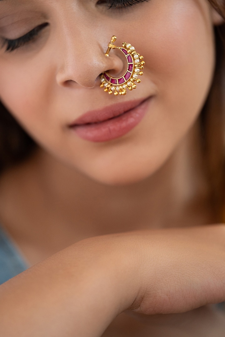 Gold Plated Red Kundan Polki & Pearl Nose Pin by Do Taara at Pernia's Pop Up Shop