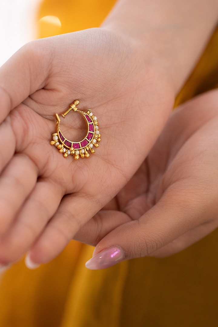Gold Plated Red Kundan Polki & Pearl Nose Pin by Do Taara at Pernia's Pop Up Shop