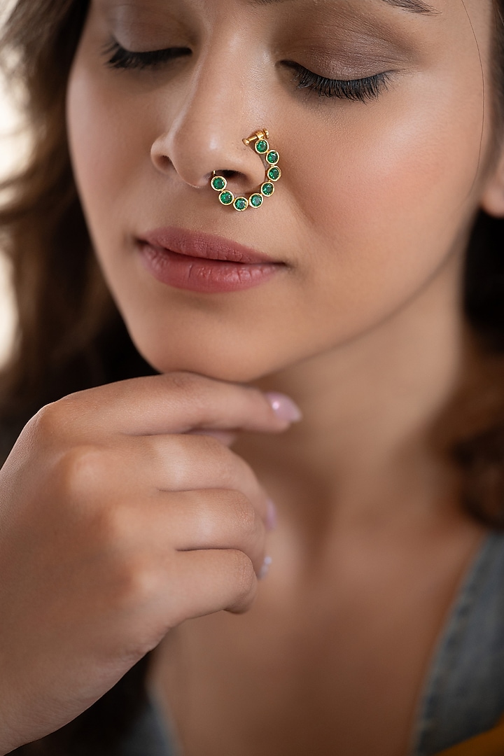 Gold Plated Green Kundan Polki Nose Pin by Do Taara at Pernia's Pop Up Shop