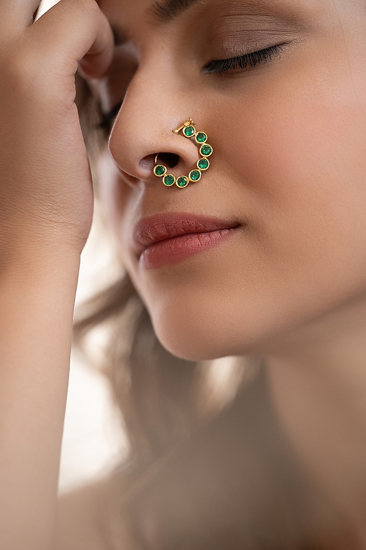 Gold Plated Green Kundan Polki Nose Pin by Do Taara at Pernia's Pop Up Shop