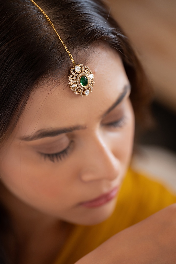 Gold Plated Kundan Polki & Oval Green Stone Maangtikka by Do Taara at Pernia's Pop Up Shop