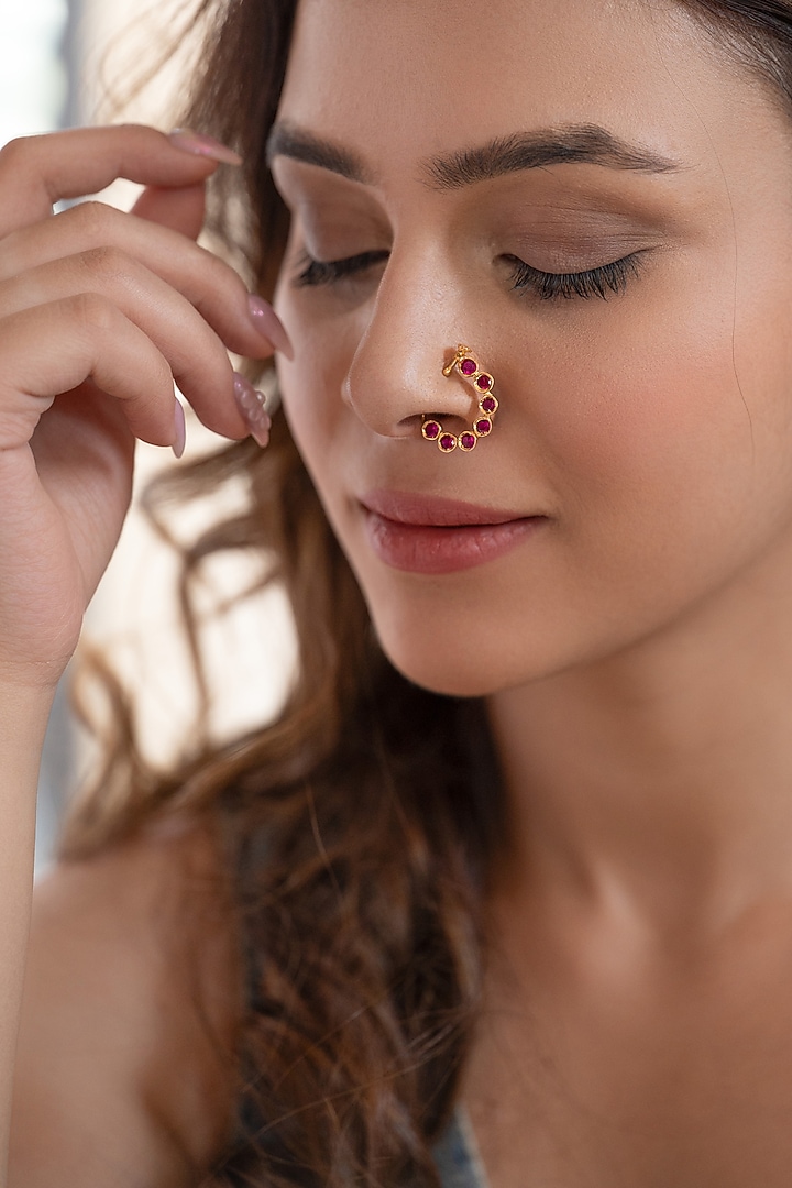 Gold Plated Red Kundan Polki Nose Pin by Do Taara at Pernia's Pop Up Shop