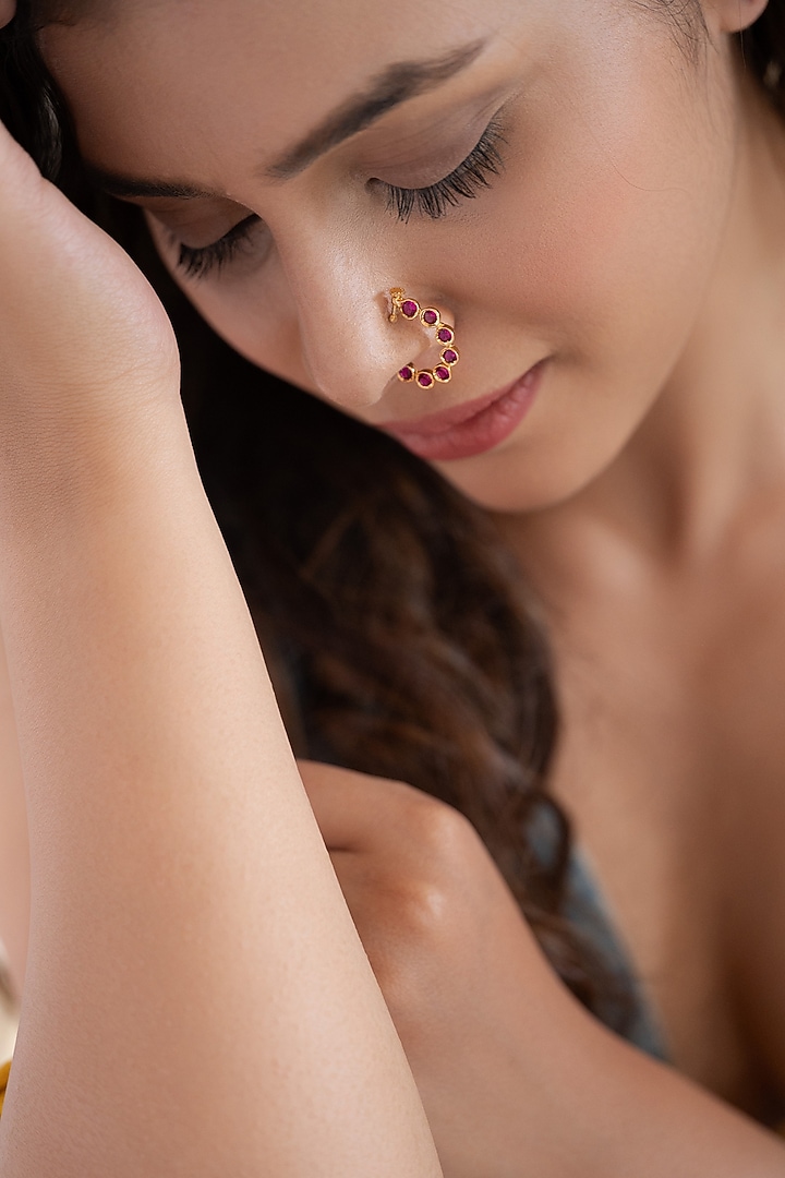 Gold Plated Red Kundan Polki Nose Pin by Do Taara at Pernia's Pop Up Shop
