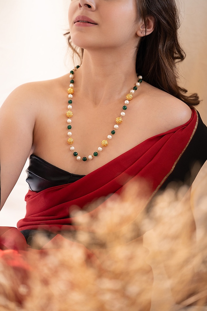 Gold Plated Pearl & Green Onyx Choker Necklace by Do Taara at Pernia's Pop Up Shop