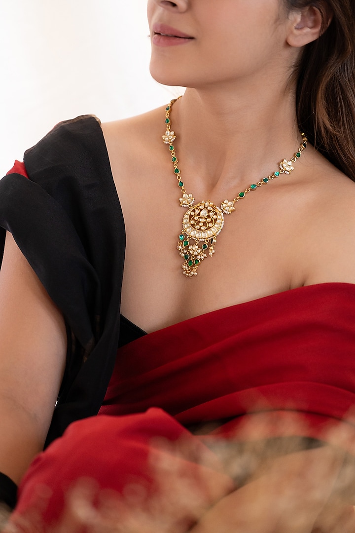 Gold Plated Green Kundan Polki & Pearl Necklace by Do Taara at Pernia's Pop Up Shop