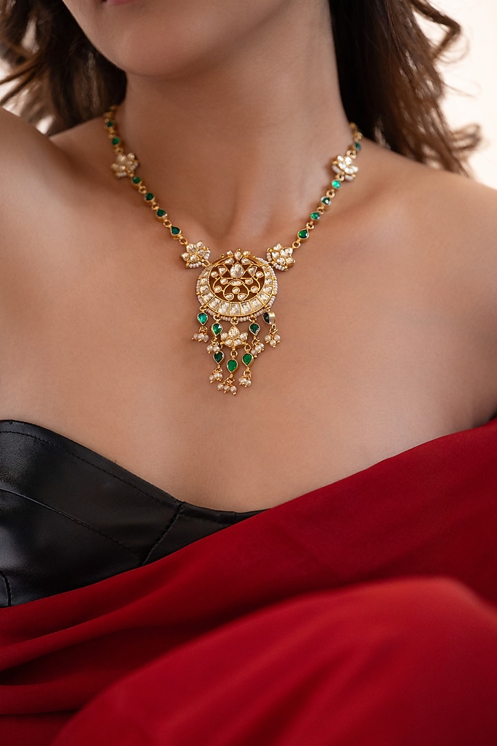 Gold Plated Green Kundan Polki & Pearl Necklace by Do Taara at Pernia's Pop Up Shop