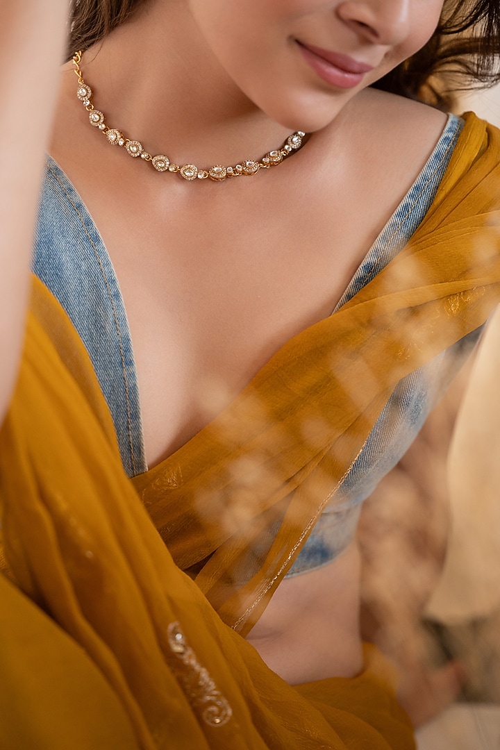 Gold Plated Kundan Polki & Cubic Zirconia Necklace by Do Taara at Pernia's Pop Up Shop