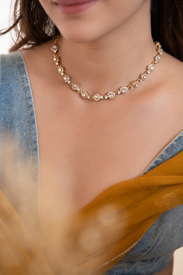 Gold Plated Kundan Polki & Cubic Zirconia Necklace by Do Taara at Pernia's Pop Up Shop