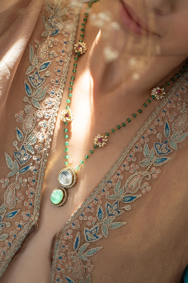Gold Plated Kundan Polki & Mint Onyx Necklace by Do Taara at Pernia's Pop Up Shop