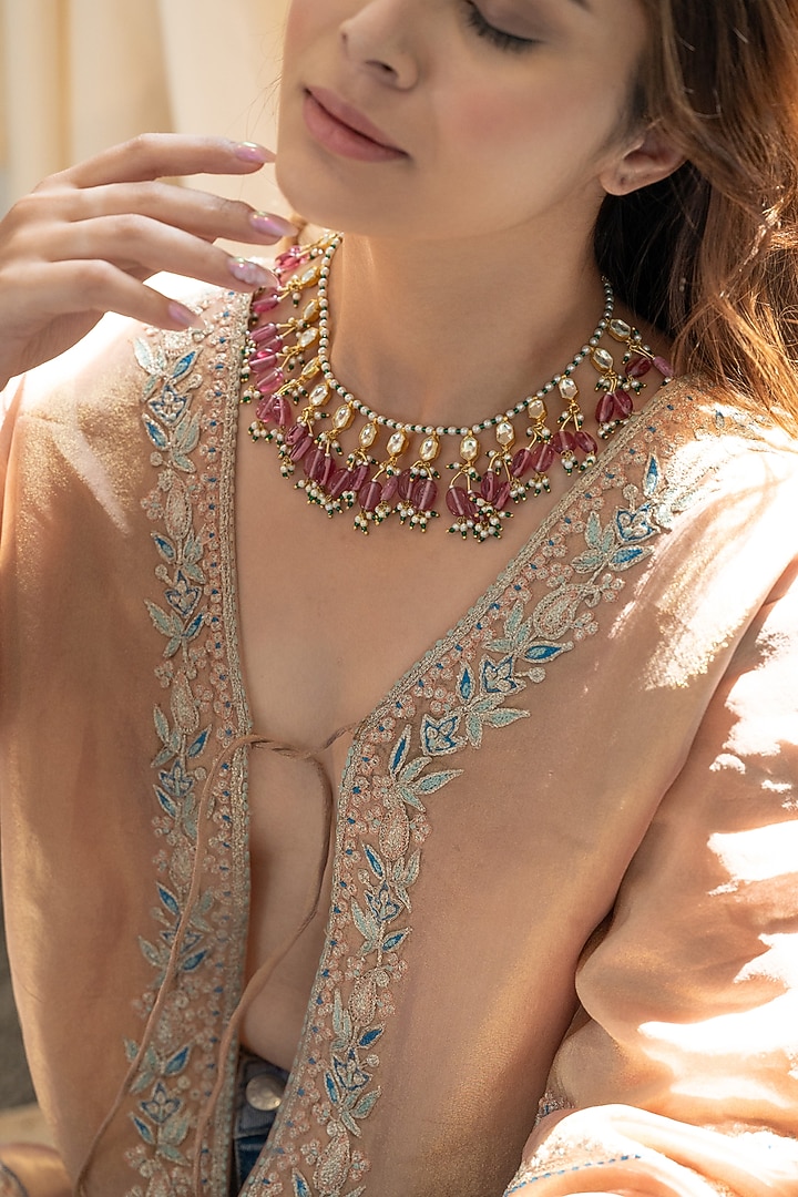 Gold Plated Pink Kundan Polki & Natural Stone Necklace by Do Taara at Pernia's Pop Up Shop