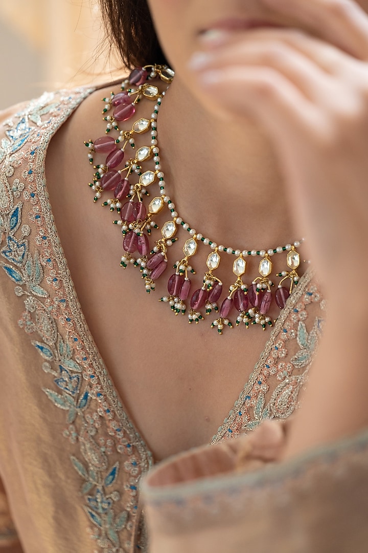 Gold Plated Pink Kundan Polki & Natural Stone Necklace by Do Taara at Pernia's Pop Up Shop