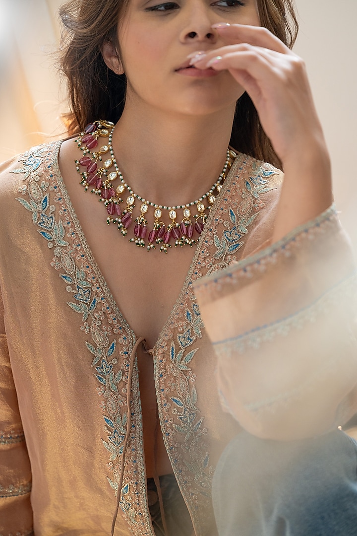 Gold Plated Pink Kundan Polki & Natural Stone Necklace by Do Taara at Pernia's Pop Up Shop