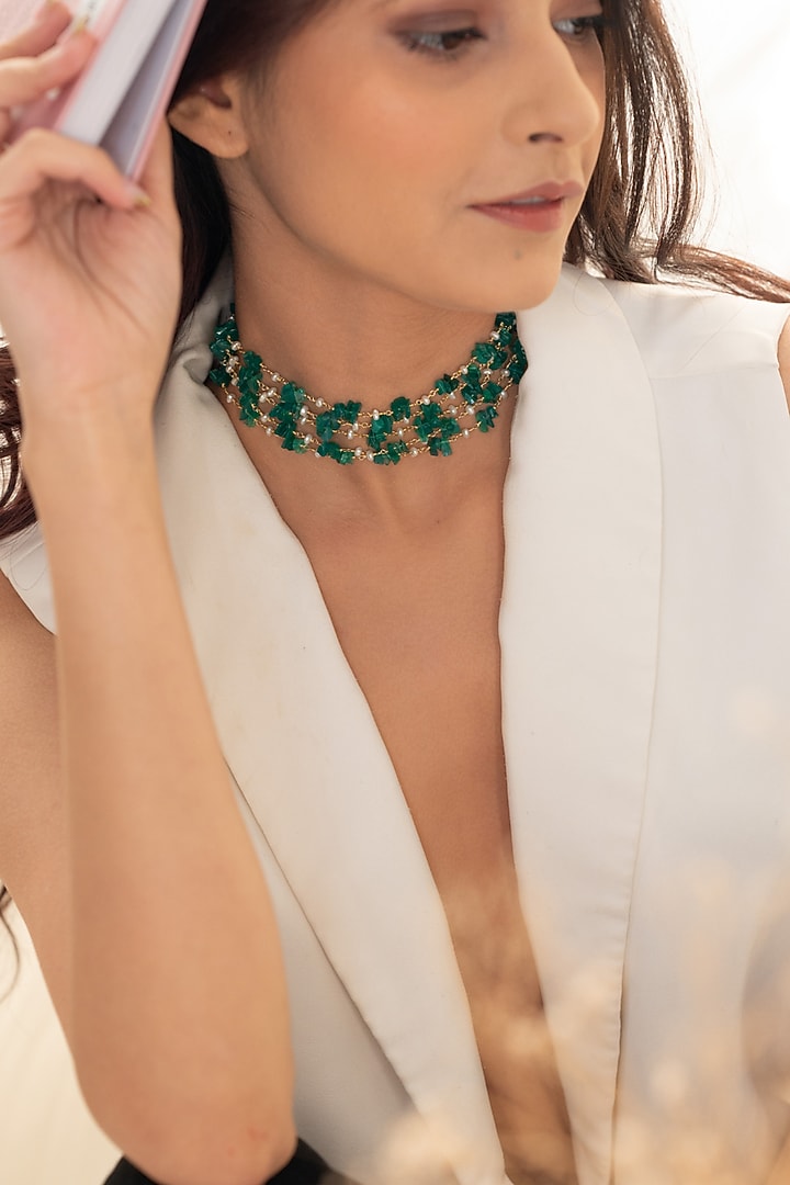 Gold Plated Emerald Green Stone & Pearl Choker Necklace by Do Taara at Pernia's Pop Up Shop