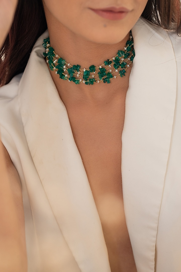 Gold Plated Emerald Green Stone & Pearl Choker Necklace by Do Taara at Pernia's Pop Up Shop
