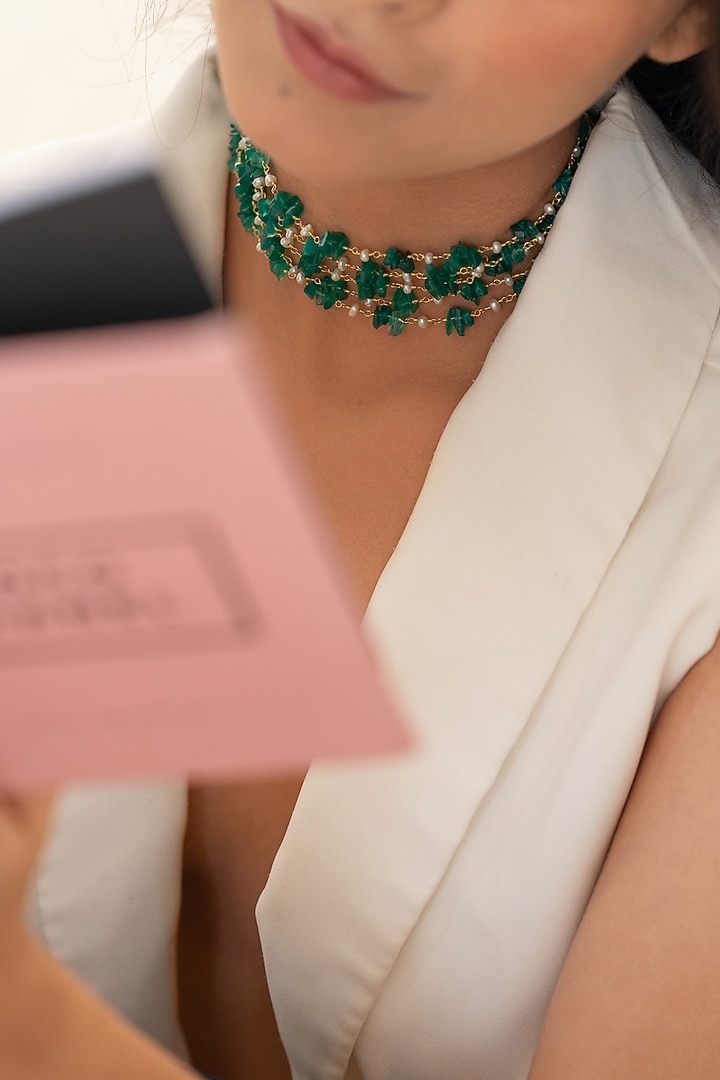Gold Plated Emerald Green Stone & Pearl Choker Necklace by Do Taara at Pernia's Pop Up Shop