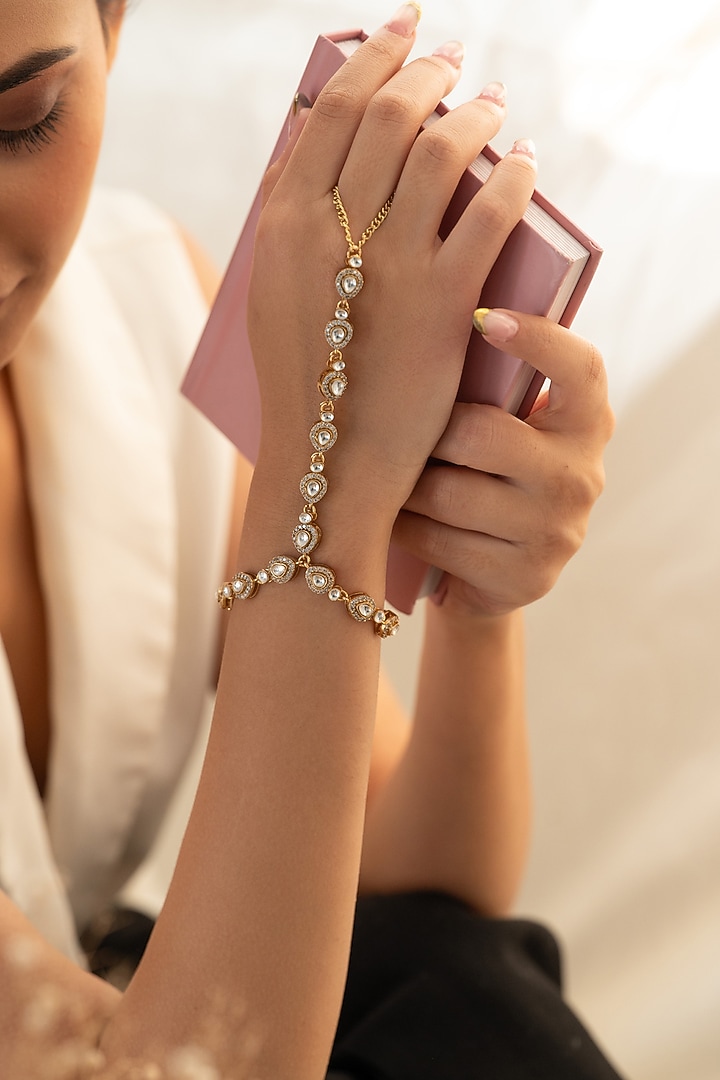 Gold Plated Floral Kundan Polki Hathphool Bracelet by Do Taara at Pernia's Pop Up Shop