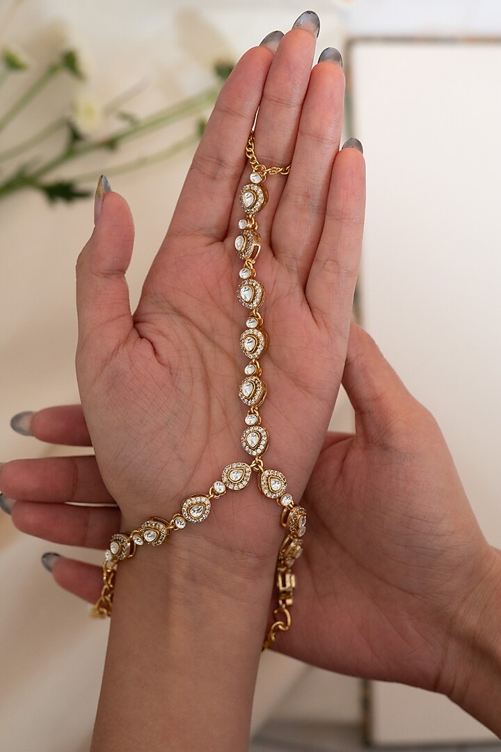 Gold Plated Floral Kundan Polki Hathphool Bracelet by Do Taara at Pernia's Pop Up Shop