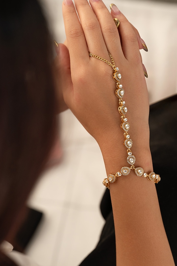 Gold Plated Floral Kundan Polki Hathphool Bracelet by Do Taara at Pernia's Pop Up Shop
