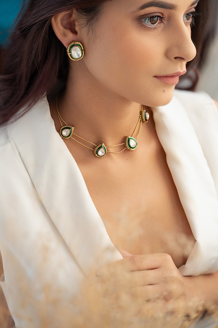 Gold Plated Kundan Polki Green Enameled Necklace Set by Do Taara at Pernia's Pop Up Shop