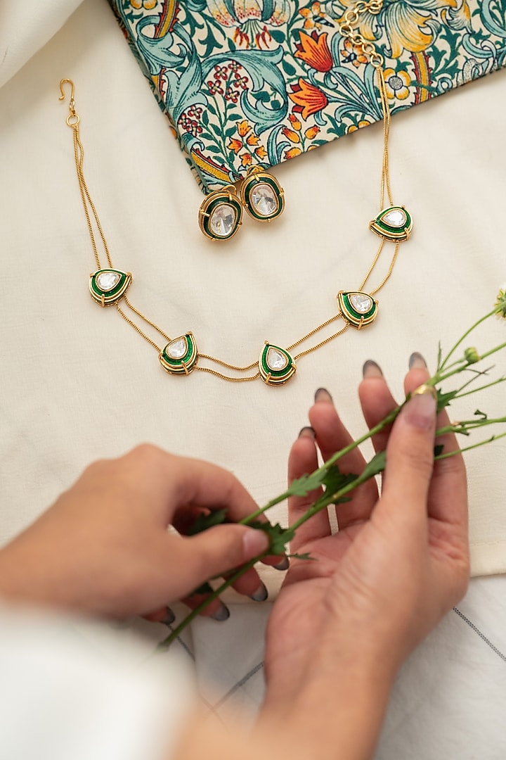 Gold Plated Kundan Polki Green Enameled Necklace Set by Do Taara at Pernia's Pop Up Shop