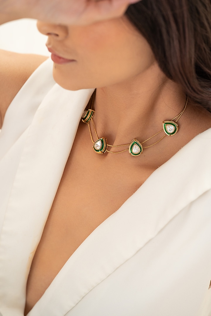 Gold Plated Kundan Polki Green Enameled Necklace Set by Do Taara at Pernia's Pop Up Shop