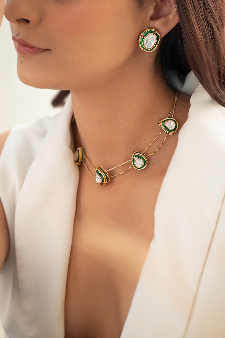 Gold Plated Kundan Polki Green Enameled Necklace Set by Do Taara at Pernia's Pop Up Shop