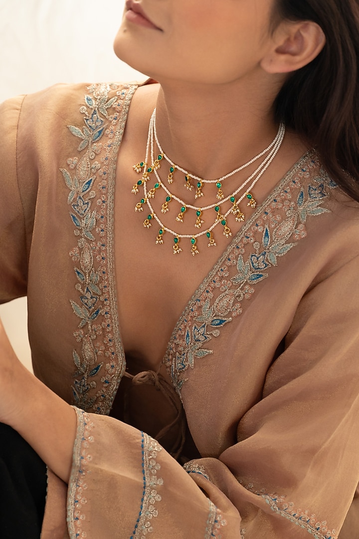 Gold Plated Green Kundan Polki & Pearl Layered Necklace by Do Taara at Pernia's Pop Up Shop