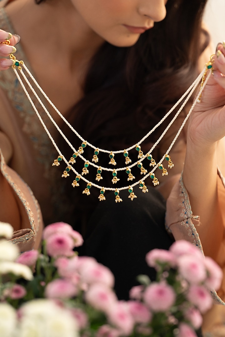 Gold Plated Green Kundan Polki & Pearl Layered Necklace by Do Taara at Pernia's Pop Up Shop