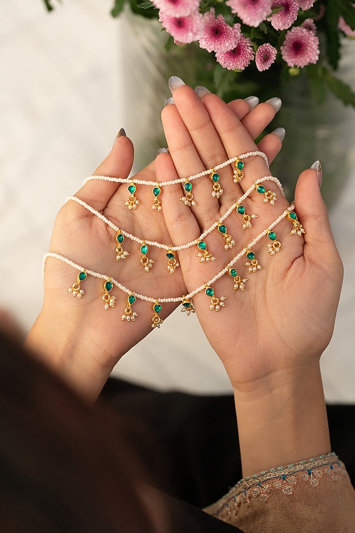 Gold Plated Green Kundan Polki & Pearl Layered Necklace by Do Taara at Pernia's Pop Up Shop