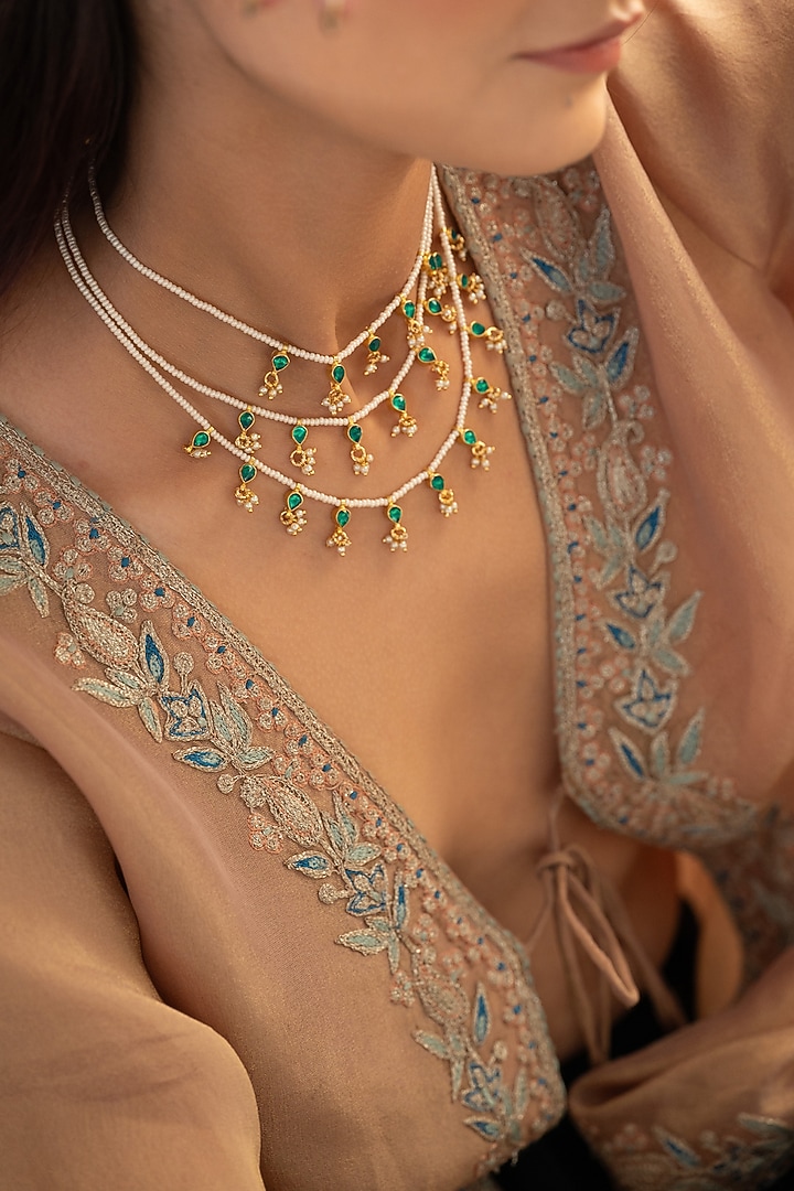 Gold Plated Green Kundan Polki & Pearl Layered Necklace by Do Taara at Pernia's Pop Up Shop