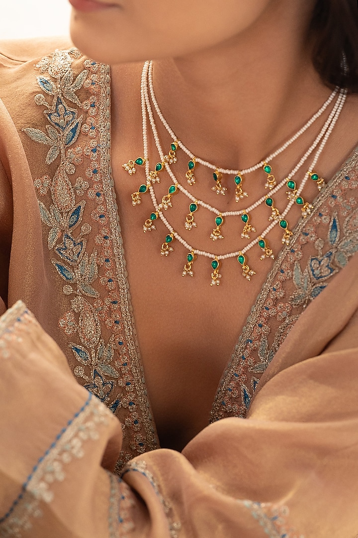 Gold Plated Green Kundan Polki & Pearl Layered Necklace by Do Taara at Pernia's Pop Up Shop