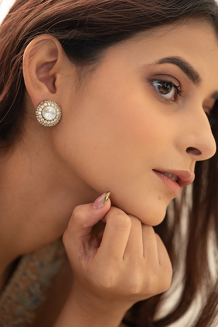 Gold Plated Cubic Zirconia & Kundan Polki Stud Earrings by Do Taara at Pernia's Pop Up Shop