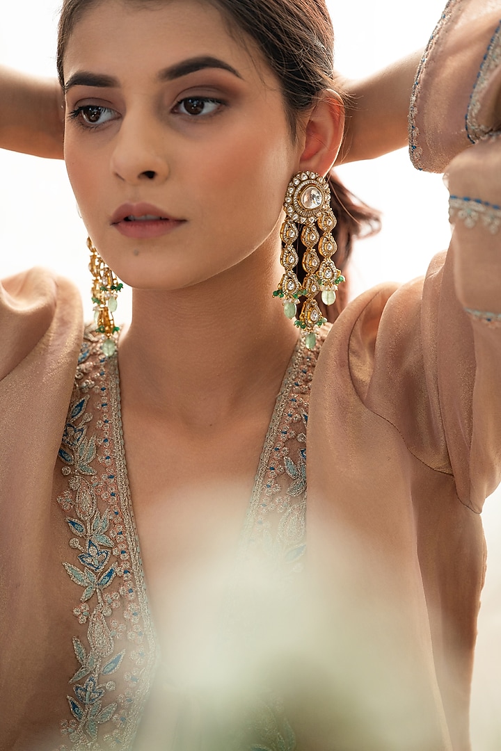 Gold Plated Kundan Polki & Mint Green Natural Stone Dangler Earrings by Do Taara at Pernia's Pop Up Shop